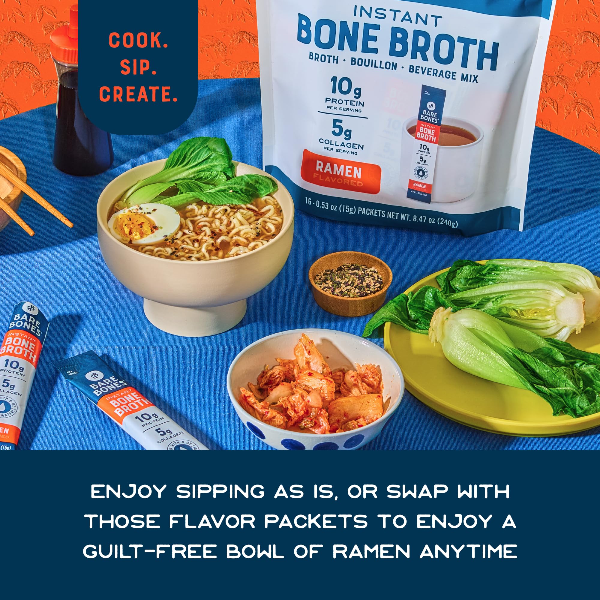 Bare Bones broth ingredients in bowl showcase shiitake, ginger, sesame for authentic taste.