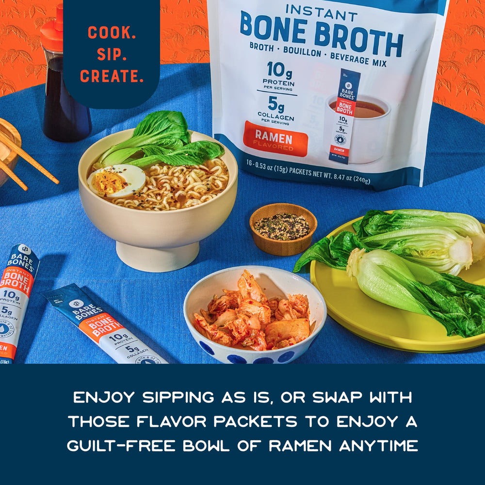 Bare Bones broth ingredients in bowl showcase shiitake, ginger, sesame for authentic taste.