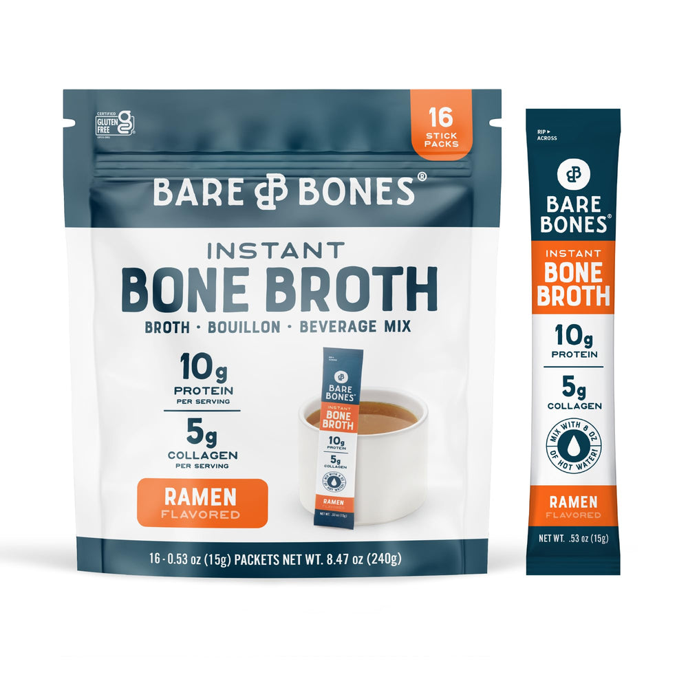 Bare Bones Ramen Bone Broth Packet closeup delivers rich aroma and protein-rich flavor.