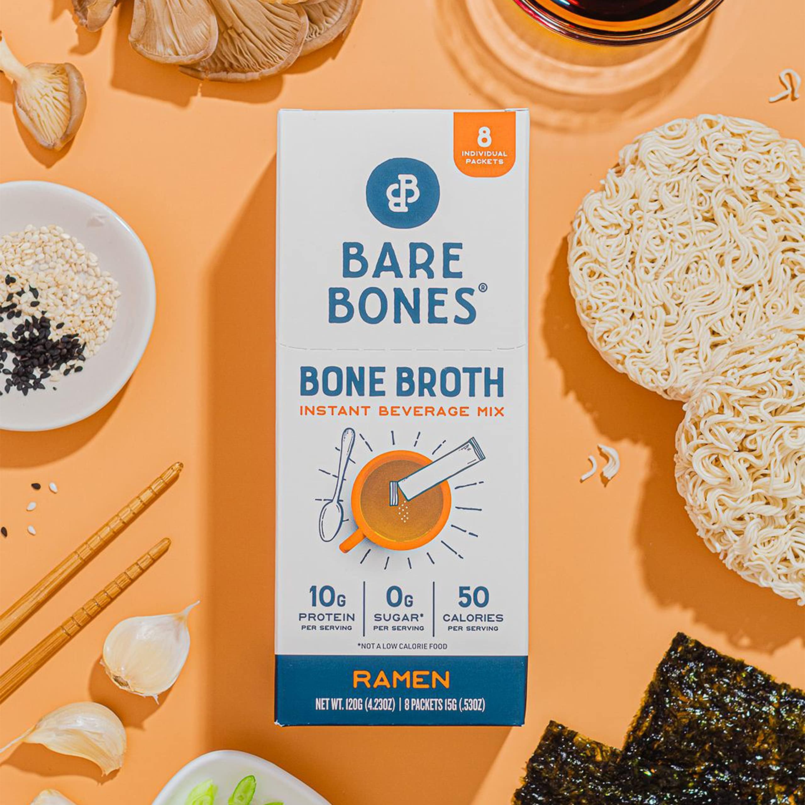 Bare Bones Ramen bone broth packet ingredients photo showing spices and mix for depth.
