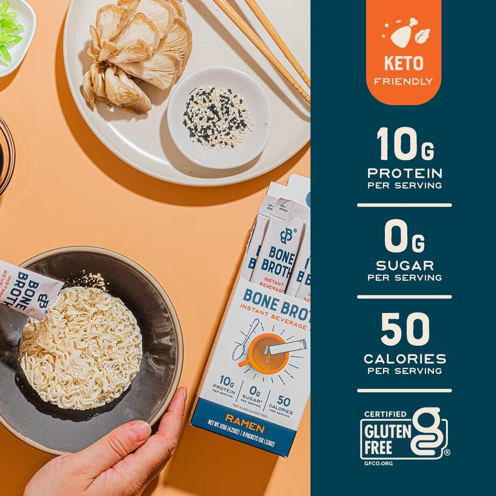 Bare Bones Ramen bone broth packet on the go for convenient protein source.