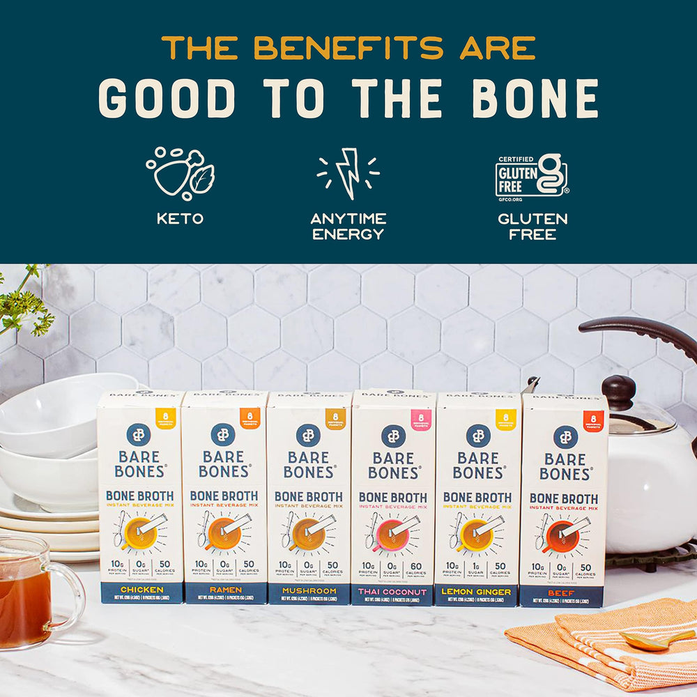 Bare Bones Ramen bone broth packaging image highlighting a single-serve format.