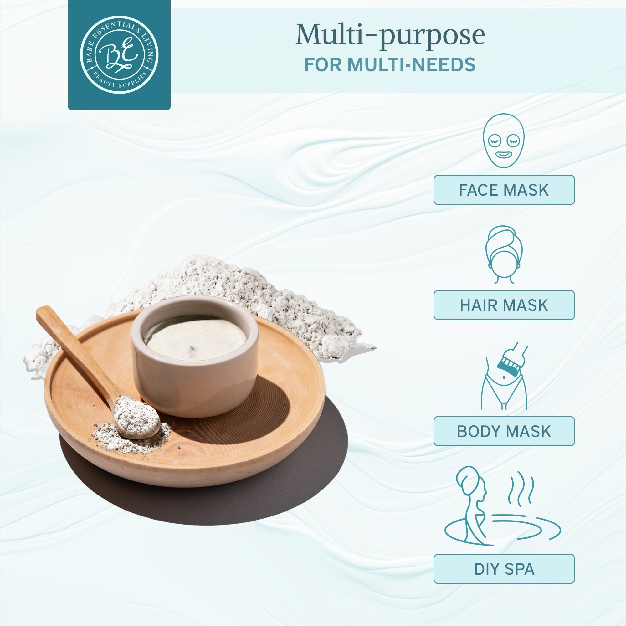 Bare Essentials Living white kaolin clay powder scoop for precise DIY measurements.