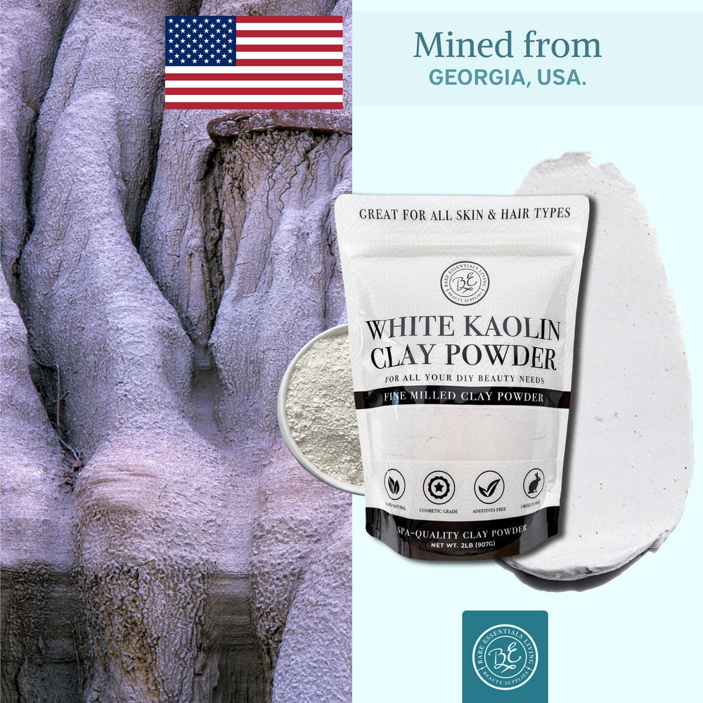 Bare Essentials Living white kaolin clay powder, USA-made and cruelty-free for ethical crafts.