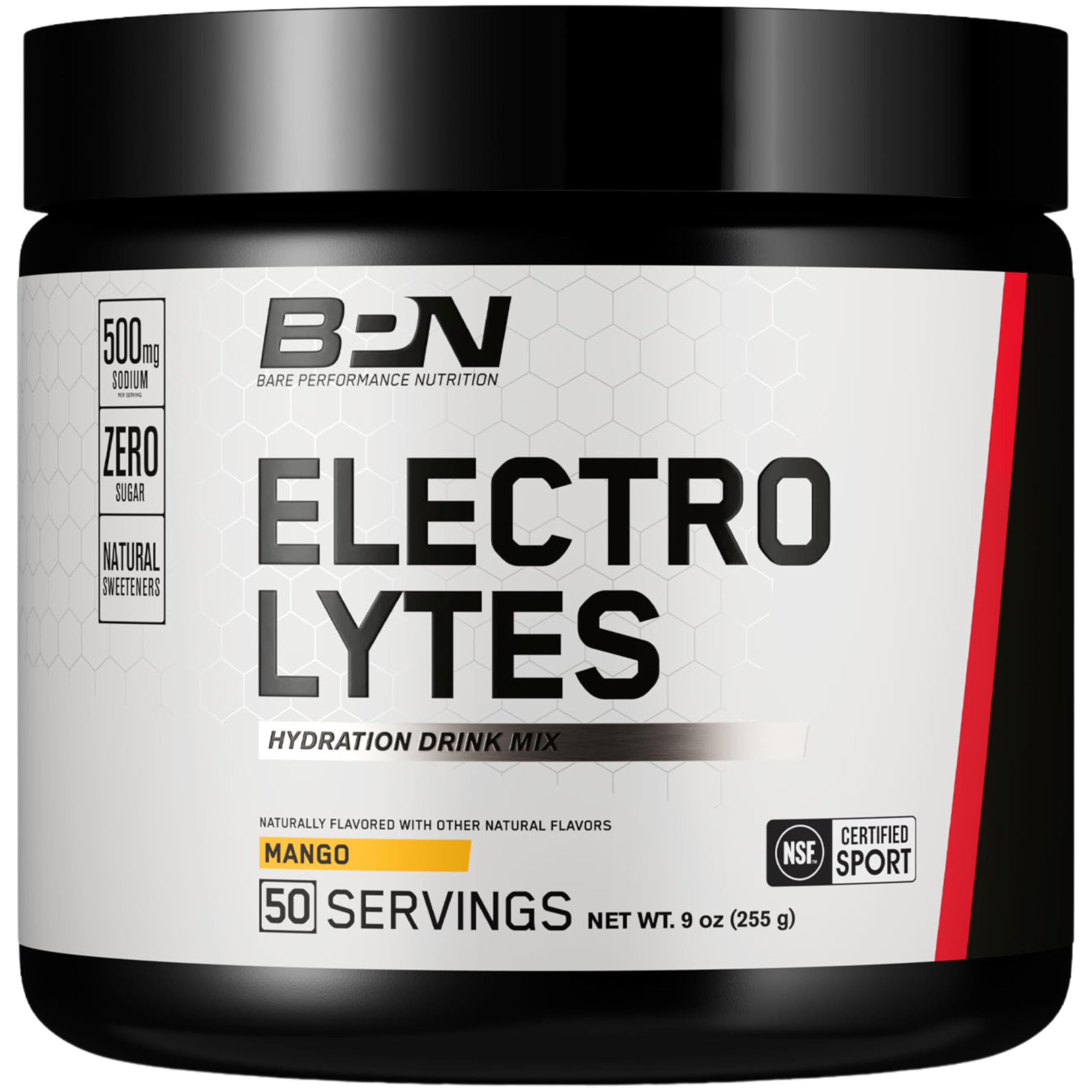 BARE PERFORMANCE NUTRITION BPN Mango Electrolytes tub close-up, highlighting mango flavor and hydration benefits