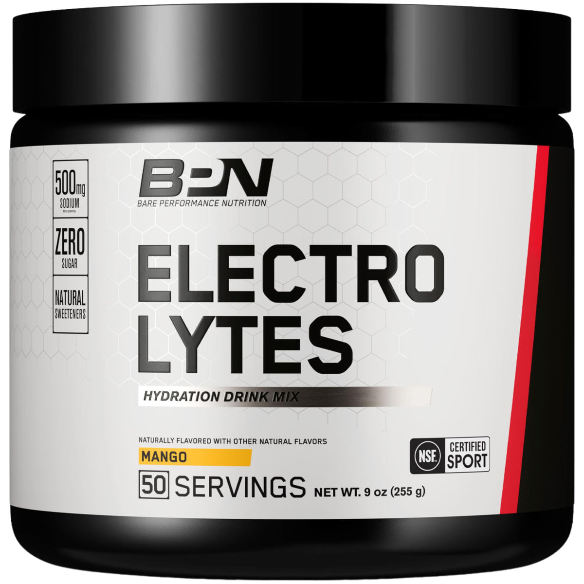 BARE PERFORMANCE NUTRITION BPN Mango Electrolytes tub close-up, highlighting mango flavor and hydration benefits