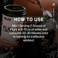 BARE PERFORMANCE NUTRITION BPN Flight pre-workout scoop in glass demonstrates quick mix and energy