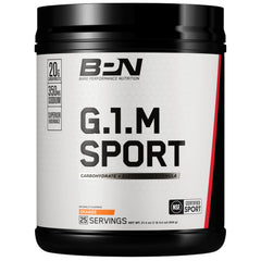 BARE PERFORMANCE NUTRITION BPN G1M tub label shows orange flavor and endurance support.