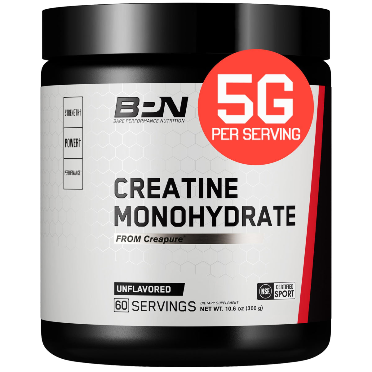 Bare Performance Nutrition creatine powder bottle showing unflavored formula for lean muscle support.