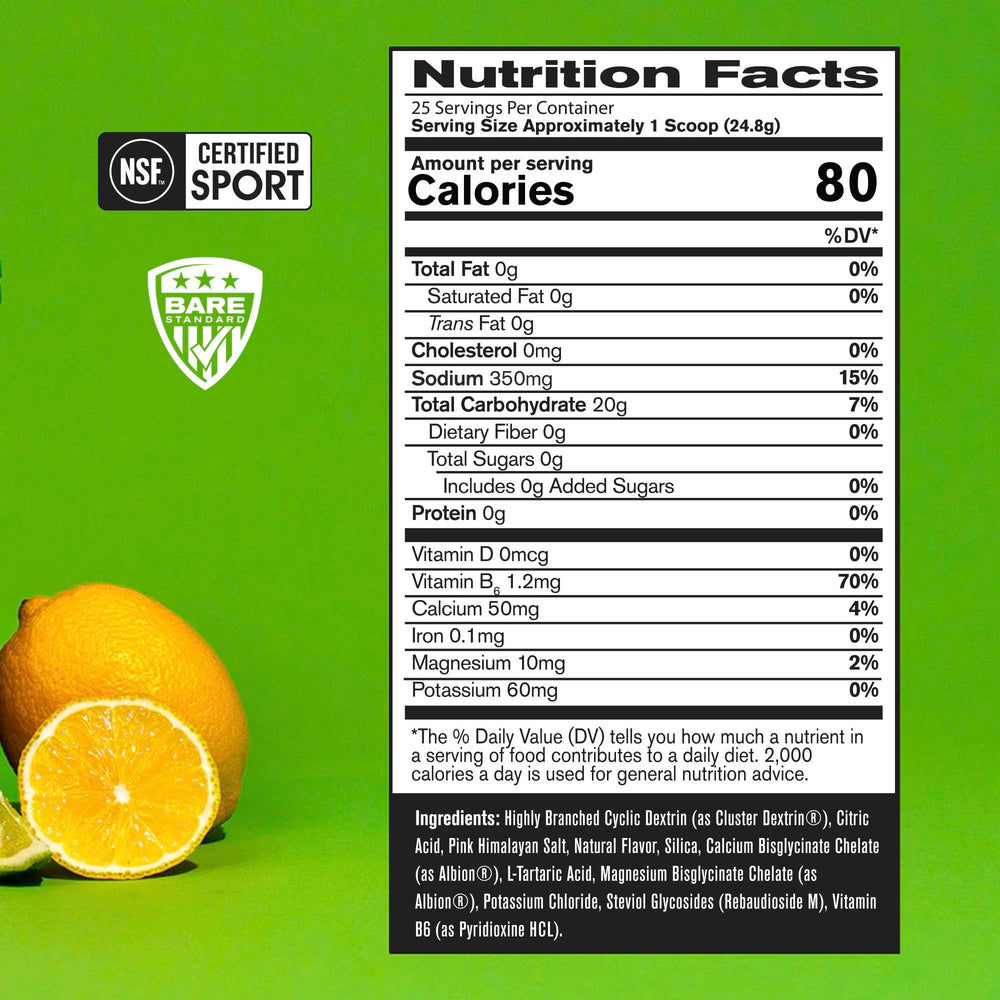 BARE G.1.M Lemon Lime label close-up showing electrolyte blend.