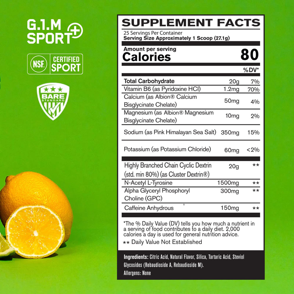 BARE G1M Sport+ ingredients panel highlighting electrolytes and nootropic blend