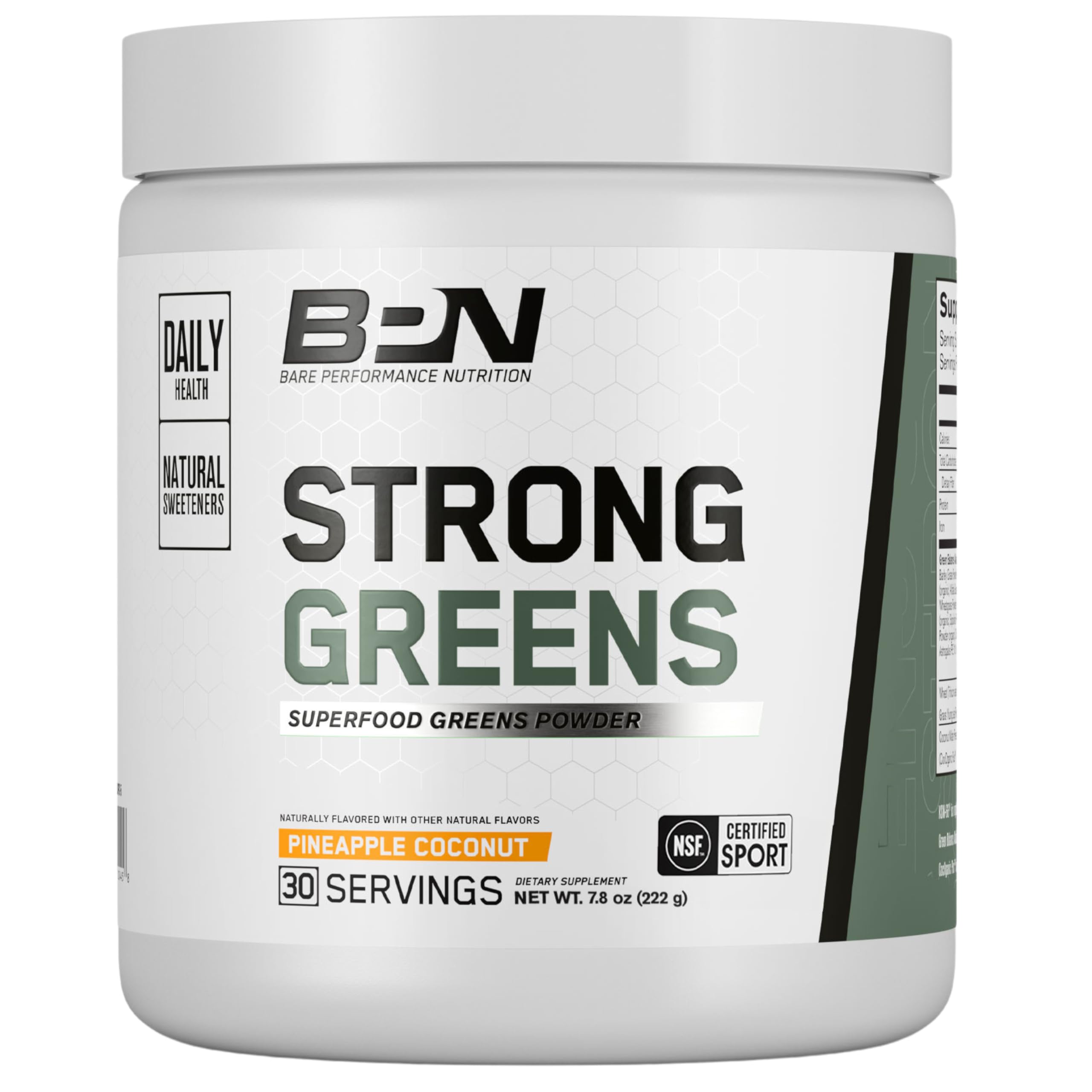 BARE PERFORMANCE NUTRITION Strong Greens bottle front showing pineapple coconut flavor for convenient morning energy.