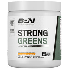 BARE PERFORMANCE NUTRITION Strong Greens bottle front showing pineapple coconut flavor for convenient morning energy.