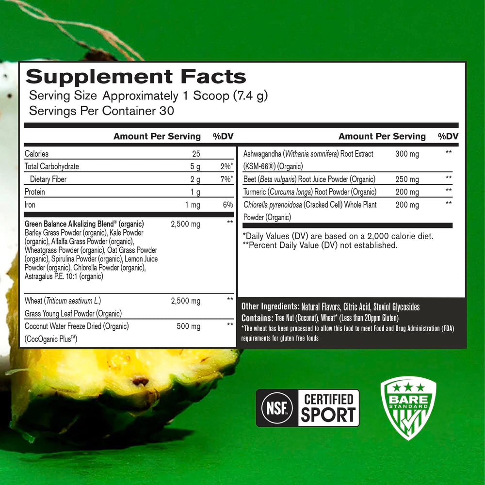 BARE PERFORMANCE NUTRITION Strong Greens scoop dispensing powder for easy daily nutrition.