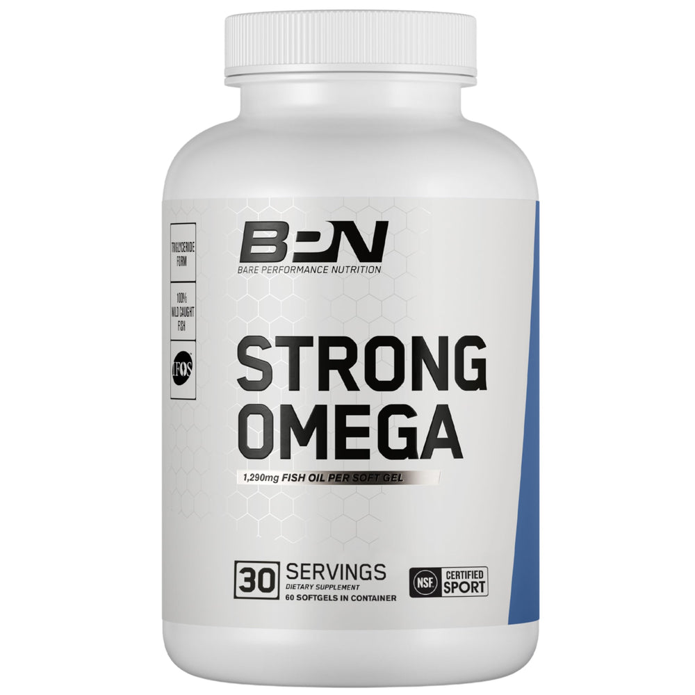 BARE PERFORMANCE NUTRITION Strong Omega Fish Oil soft gels bottle support daily omega-3 intake.