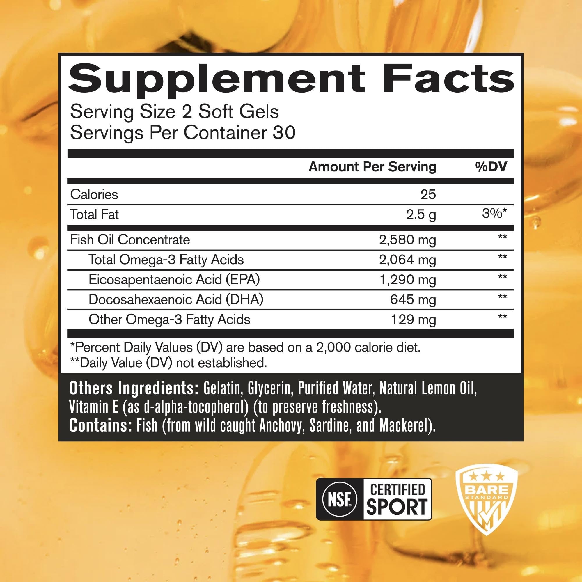 Close-up of BARE PERFORMANCE NUTRITION Strong Omega Fish Oil soft gels showing TG form and EPA/DHA content.