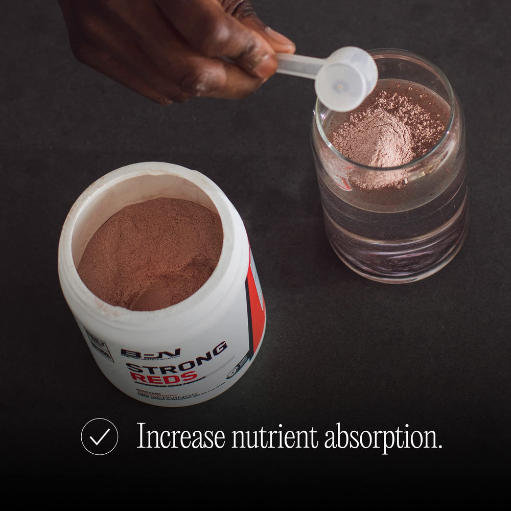 BARE PERFORMANCE NUTRITION Strong Reds label view highlighting certification.