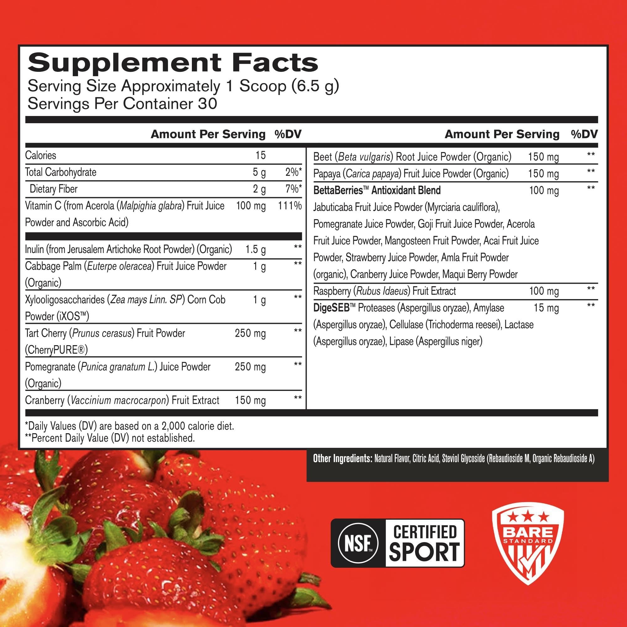 BARE PERFORMANCE NUTRITION Strong Reds powder being poured for morning energy.