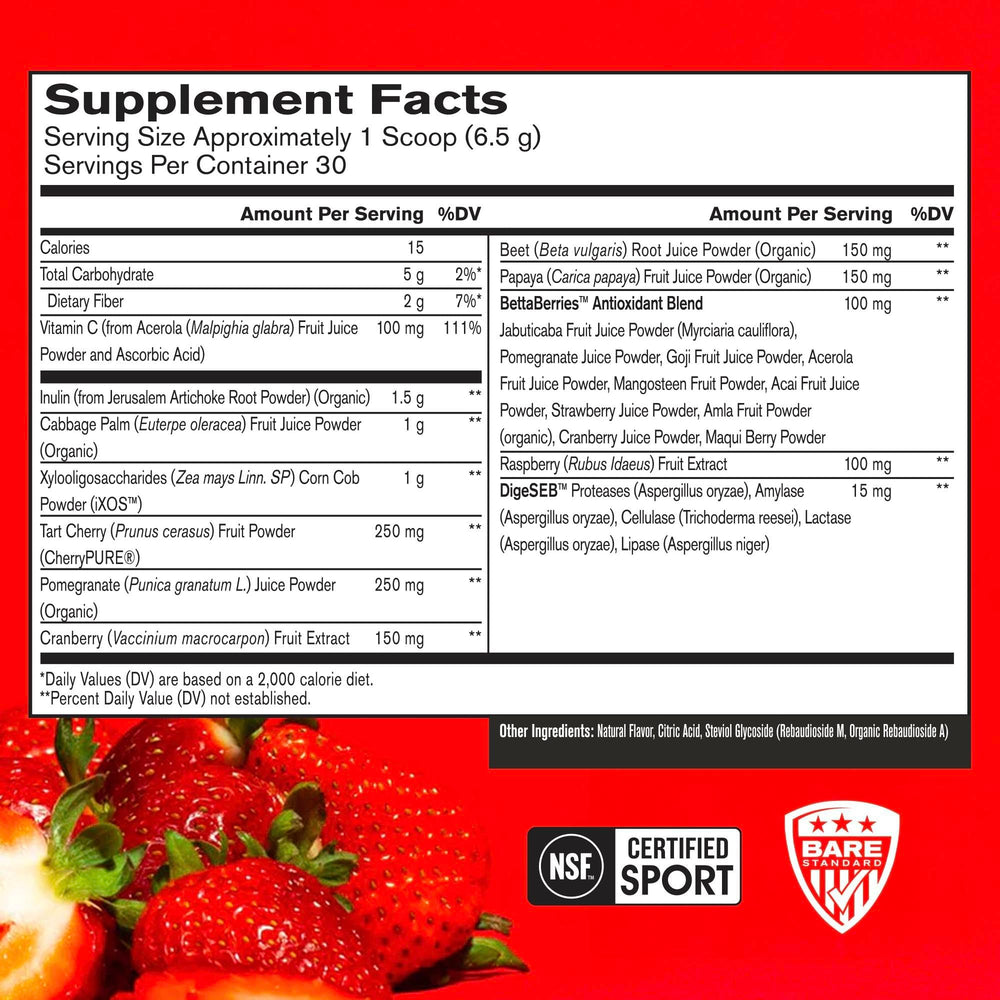BARE PERFORMANCE NUTRITION Strong Reds powder being poured for morning energy.
