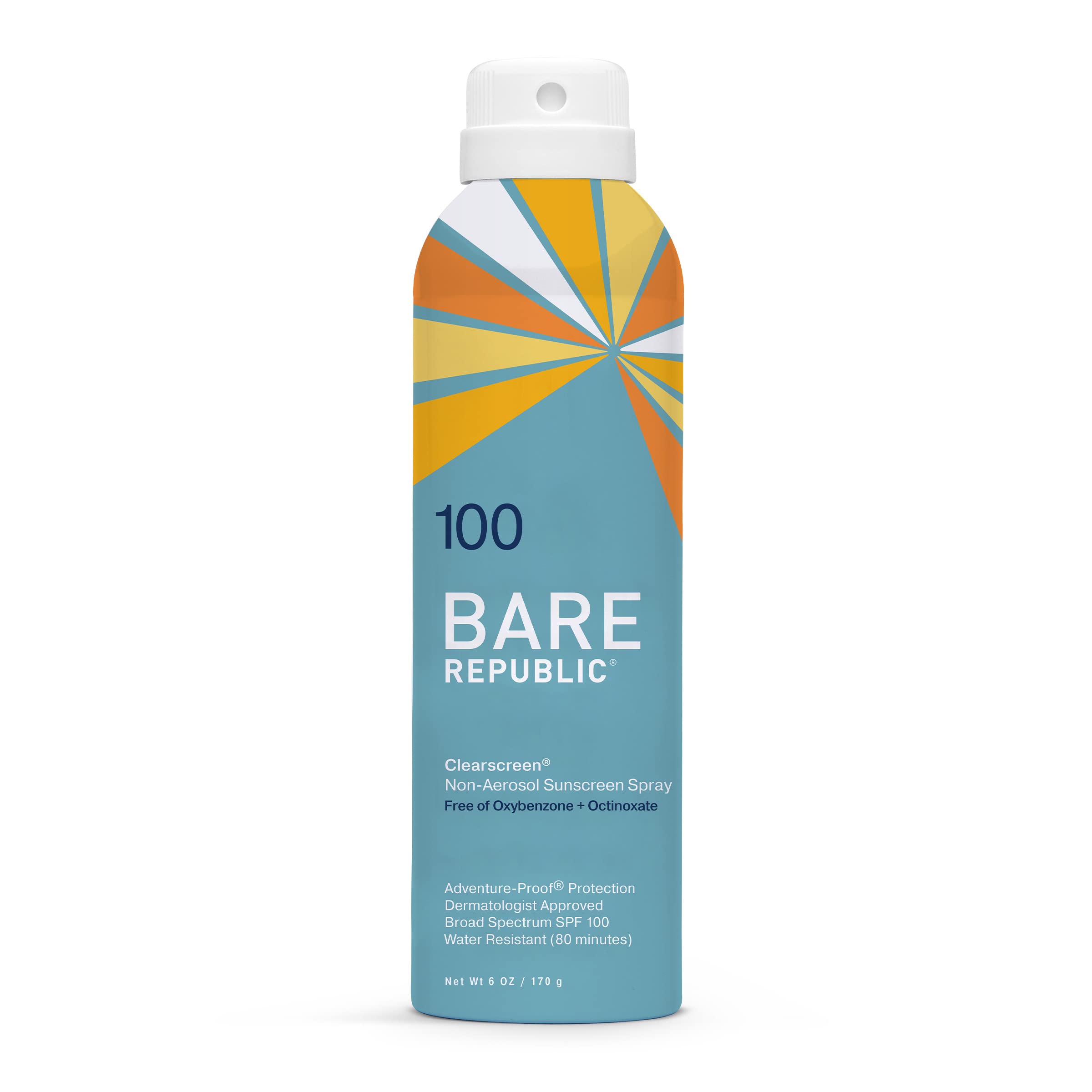 Bare Republic Clearscreen SPF 100 spray bottle with invisible finish for quick outdoor protection.