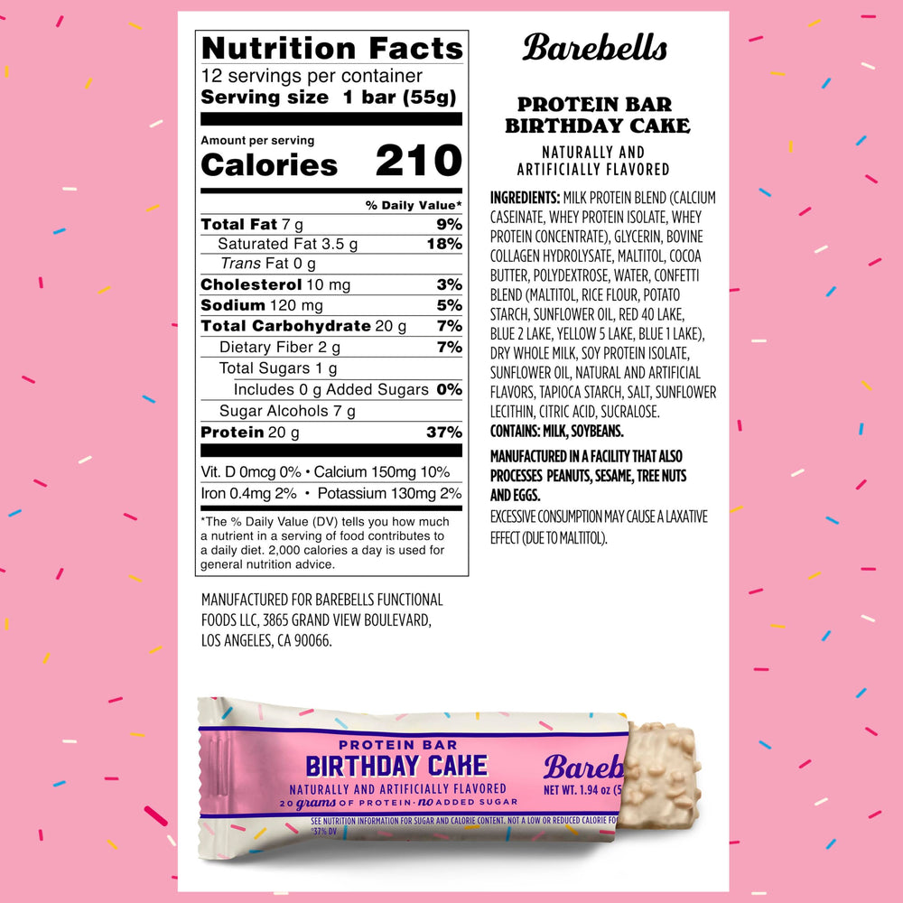 Barebells Birthday Cake bar unwrapped, convenient post-workout snack.