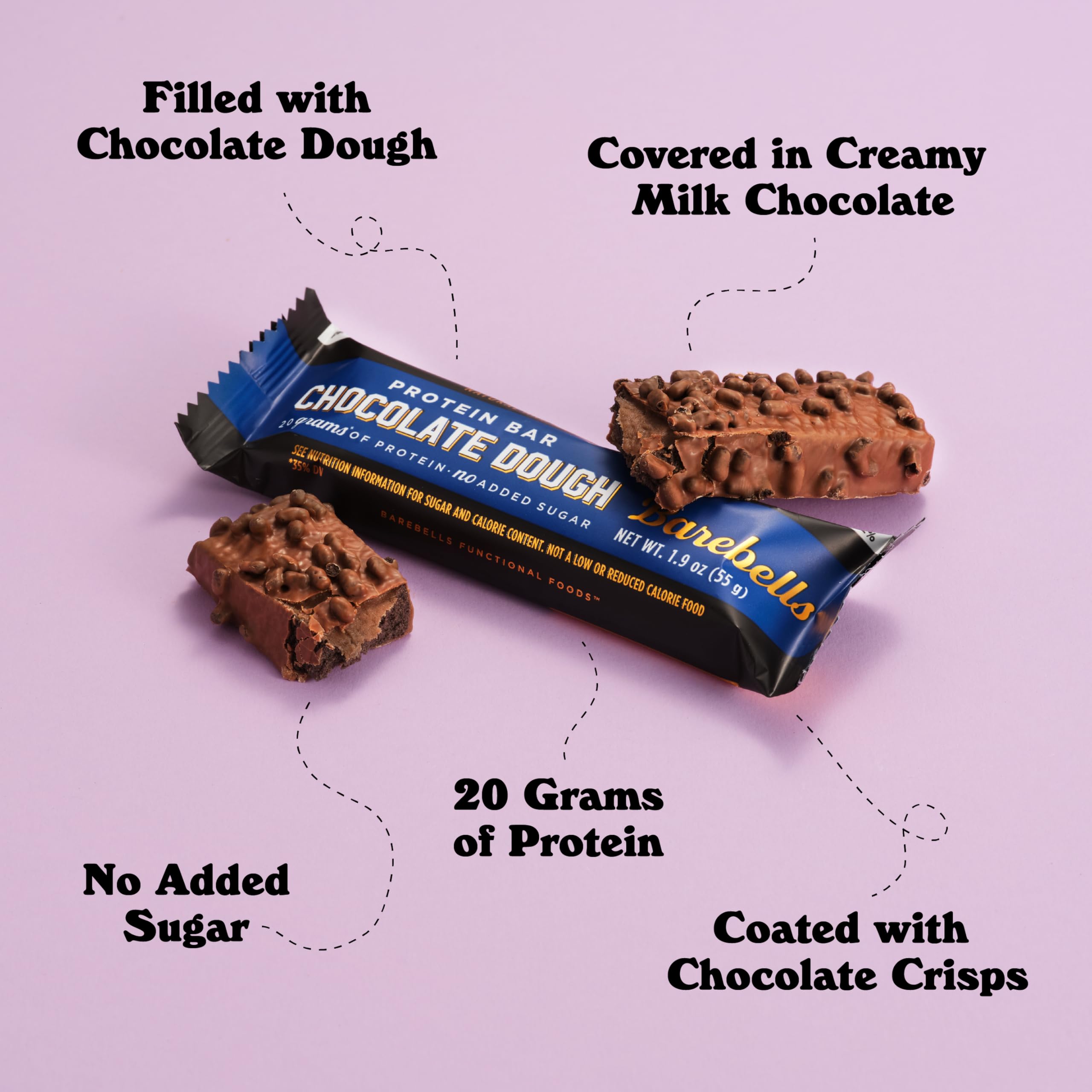 Barebells Chocolate Dough Bar chocolate dough center highlights indulgent flavor.