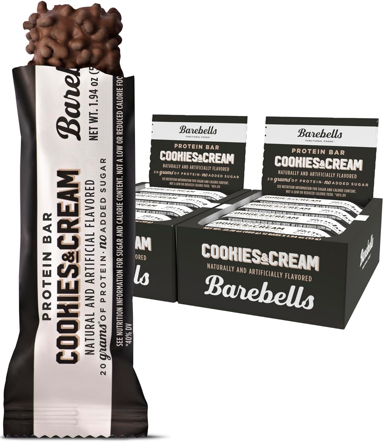 Barebells Cookies and Cream protein bar front view for on-the-go snacking