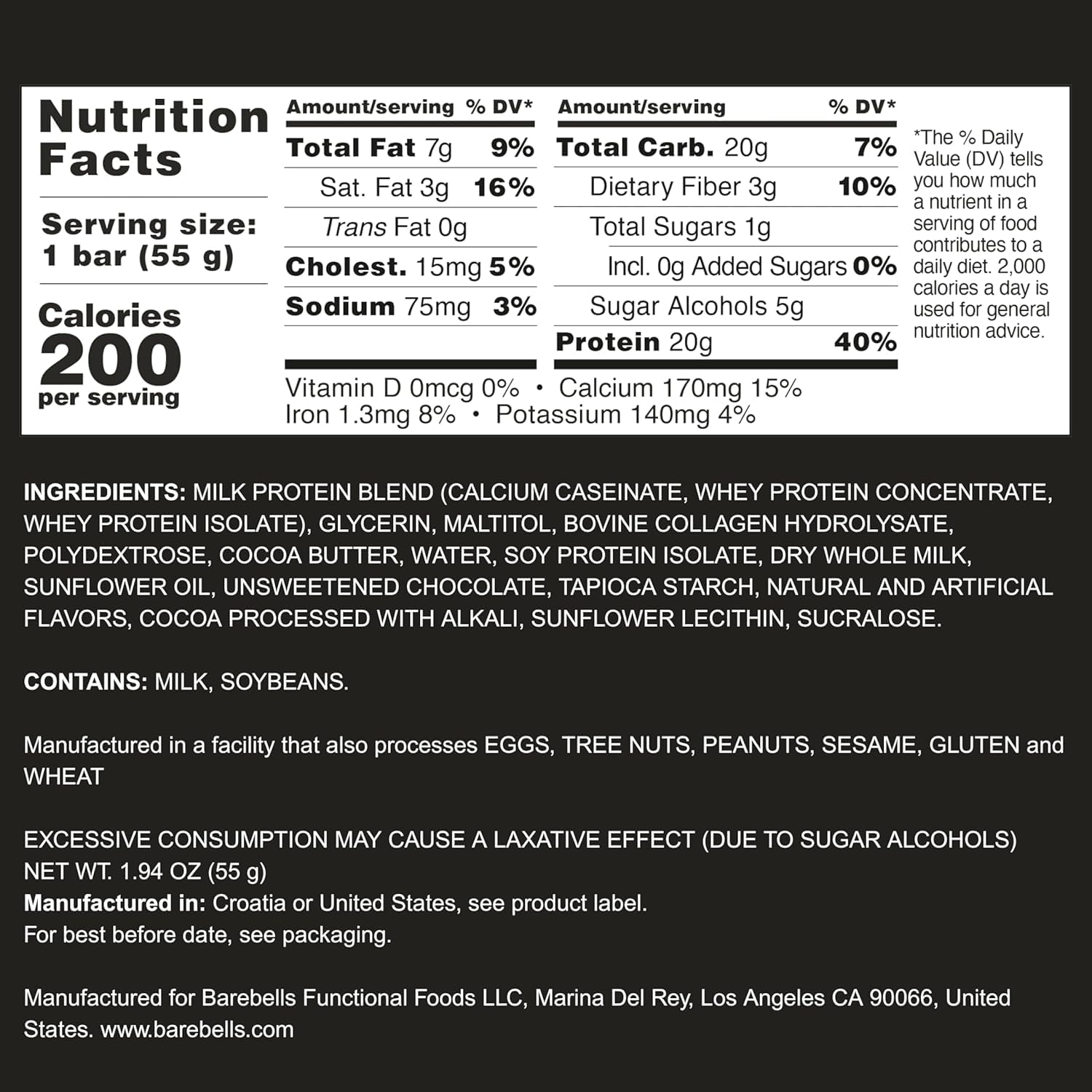 Barebells Cookies and Cream packaging shows no added sugars