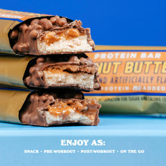 Barebells bar crispies detail, crunchy texture complements creamy center.
