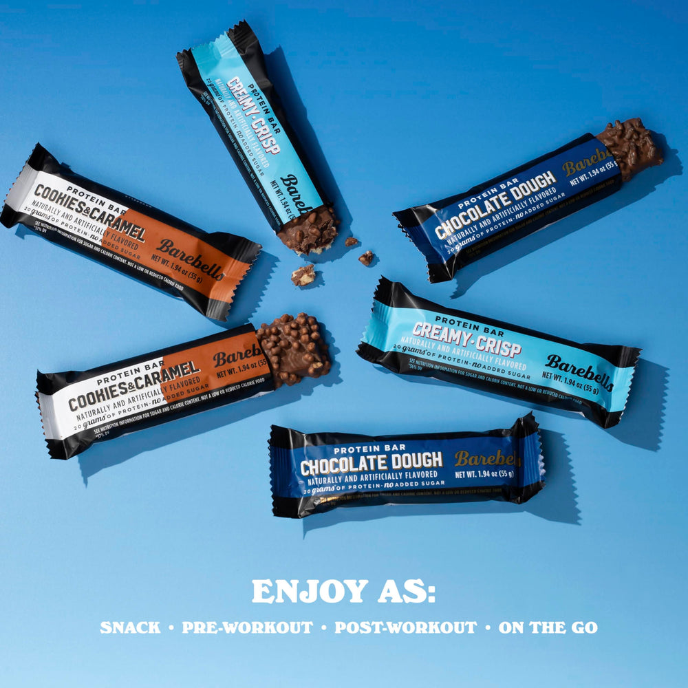 Barebells Starter Pack bars lined up highlighting 20 g protein per bar