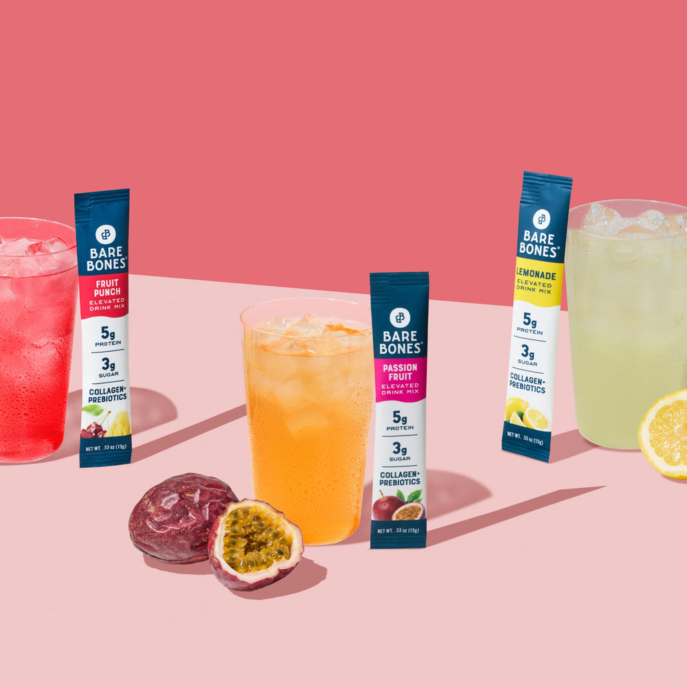 Bare Bones lemonade glass with drink mix suggests refreshing, light flavor profile