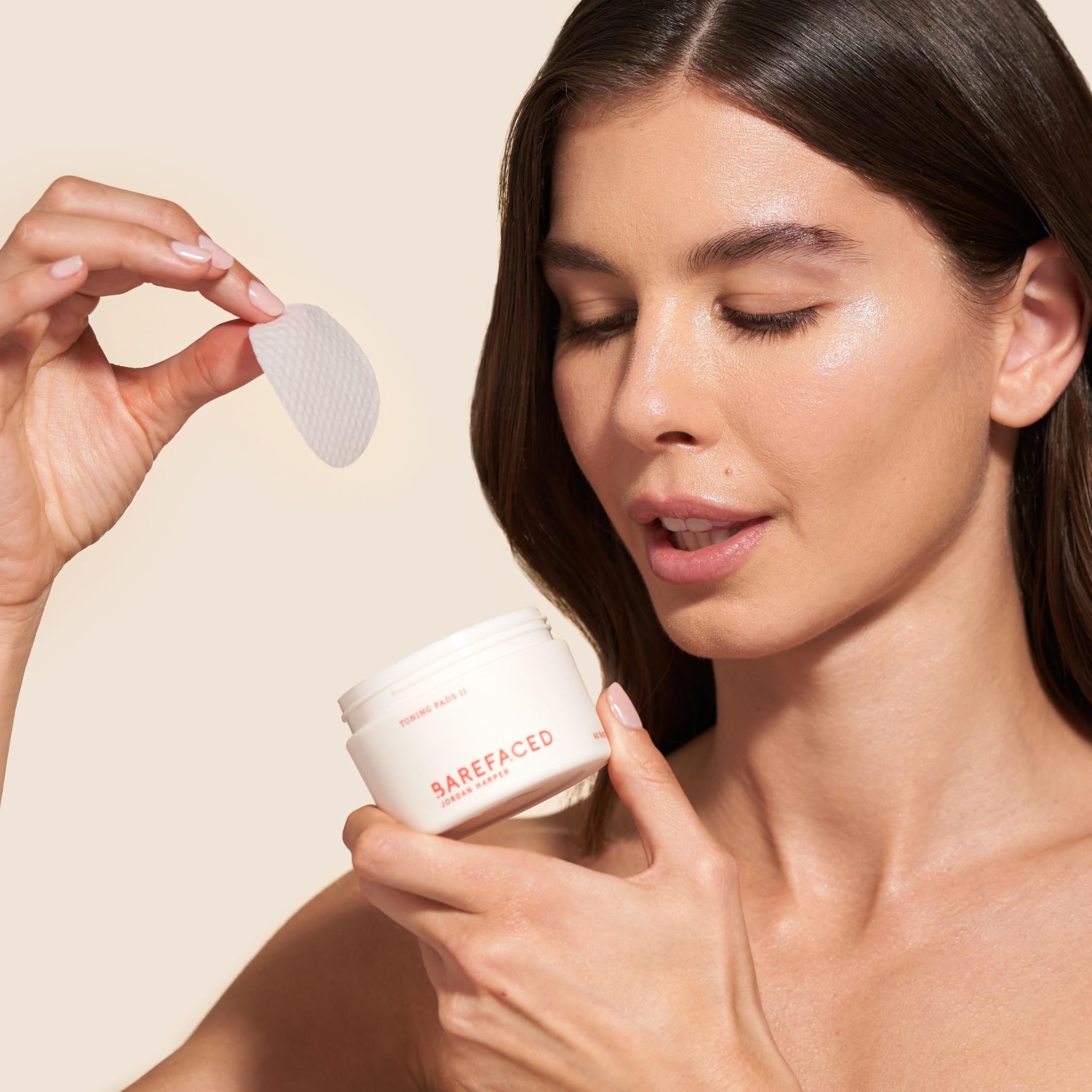 Barefaced Toning Pads II bottle closeup suggests quick, at-home skincare routine