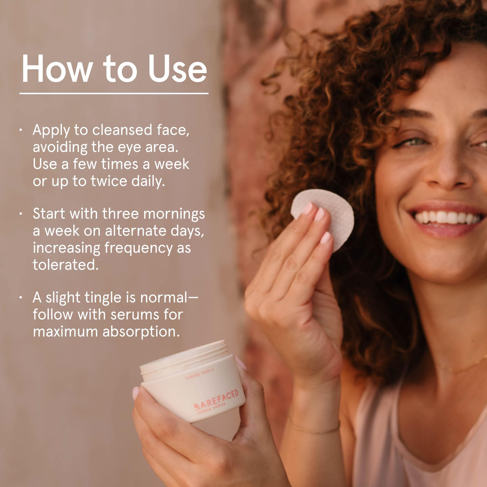 Barefaced Toning Pads II swiping skin demonstrates a quick, convenient routine