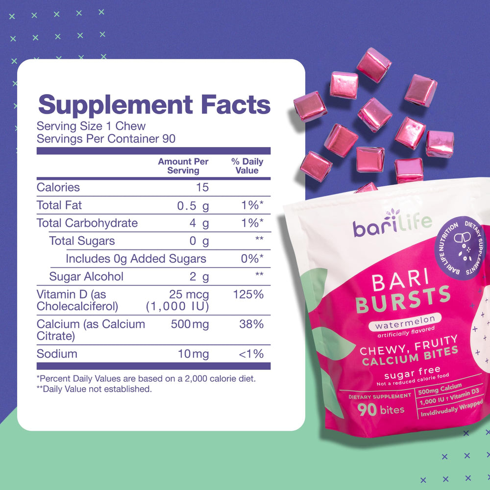 BariLife calcium citrate bariatric chew pack displays watermelon flavor for daily use.