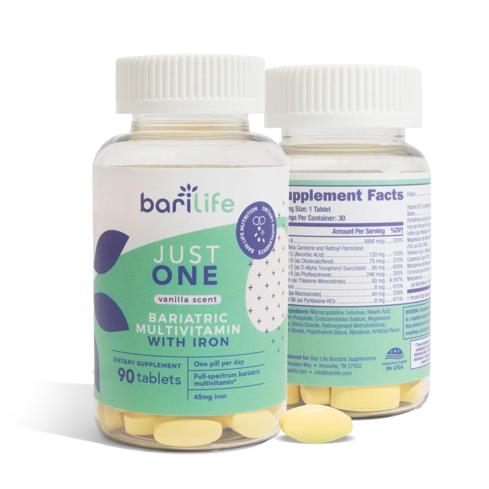 Bari Life Just One bottle back label shows 45 mg iron for post-surgery needs.