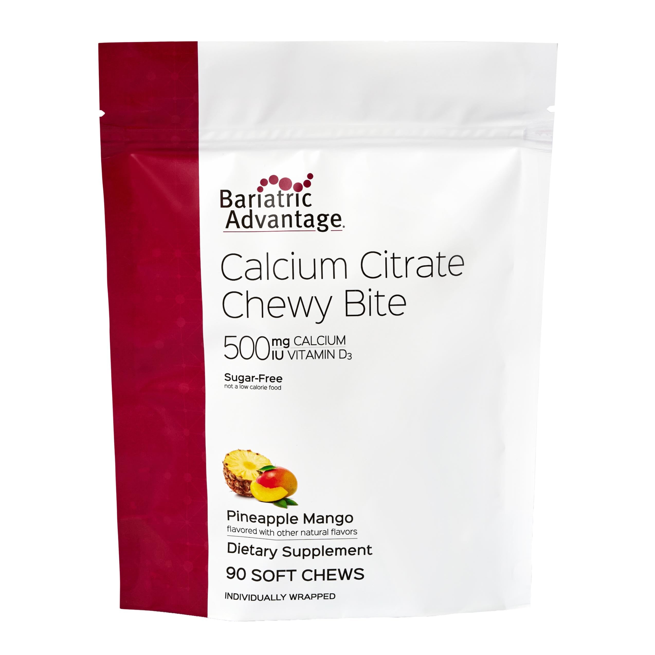 Bariatric Advantage Calcium Citrate Chewy Bites bottle front showing pineapple mango flavor for convenient calcium support.