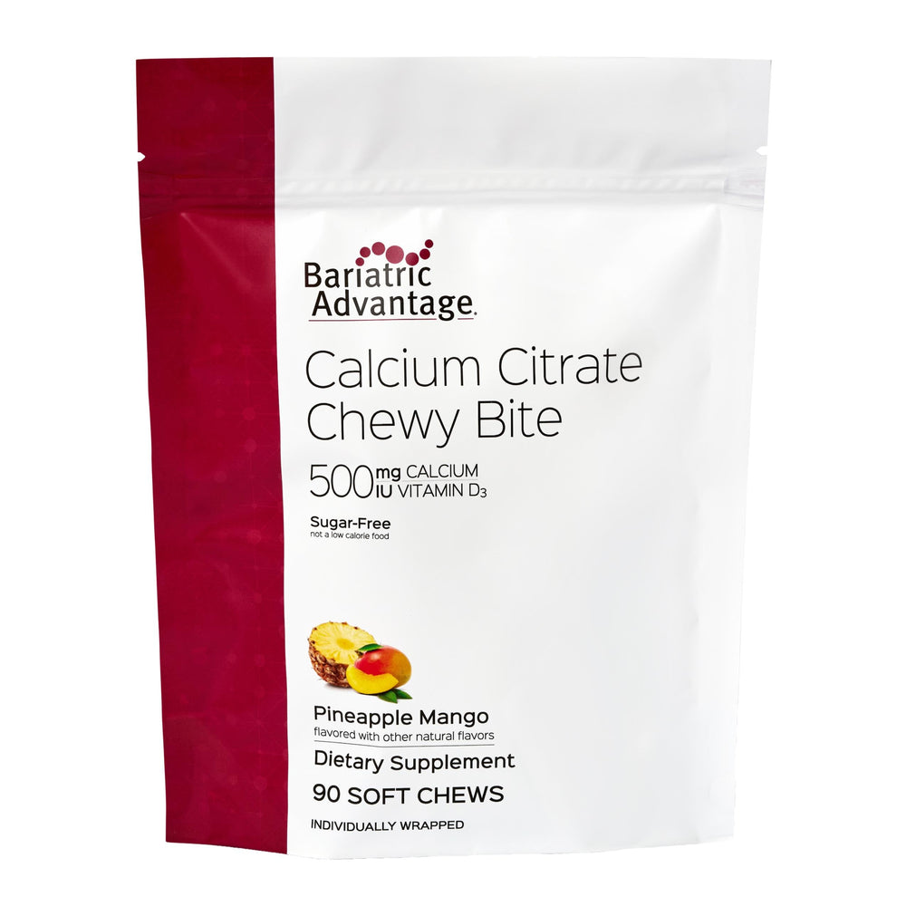 Bariatric Advantage Calcium Citrate Chewy Bites bottle front showing pineapple mango flavor for convenient calcium support.