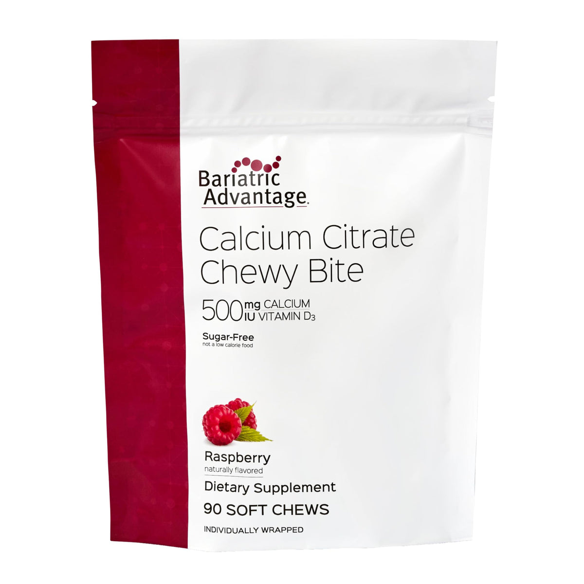 Bariatric Advantage Calcium Citrate Chewy Bites Raspberry bottle with a convenient daily calcium and vitamin D3 option