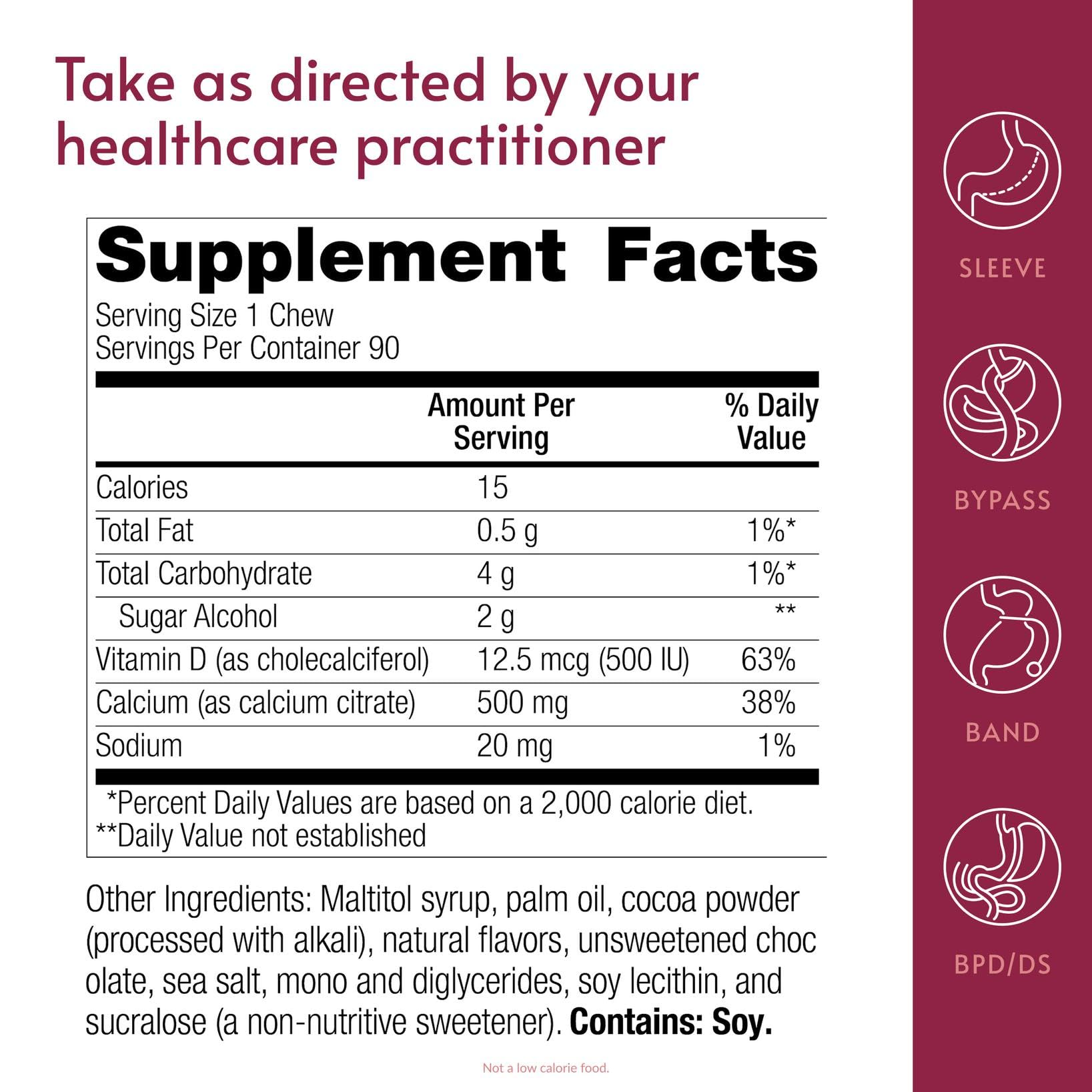 Bariatric Advantage label shows 500 mg calcium citrate and 500 IU vitamin D3 per serving