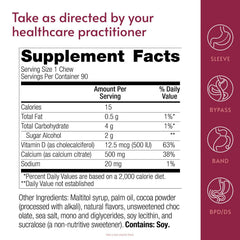 Bariatric Advantage label shows 500 mg calcium citrate and 500 IU vitamin D3 per serving