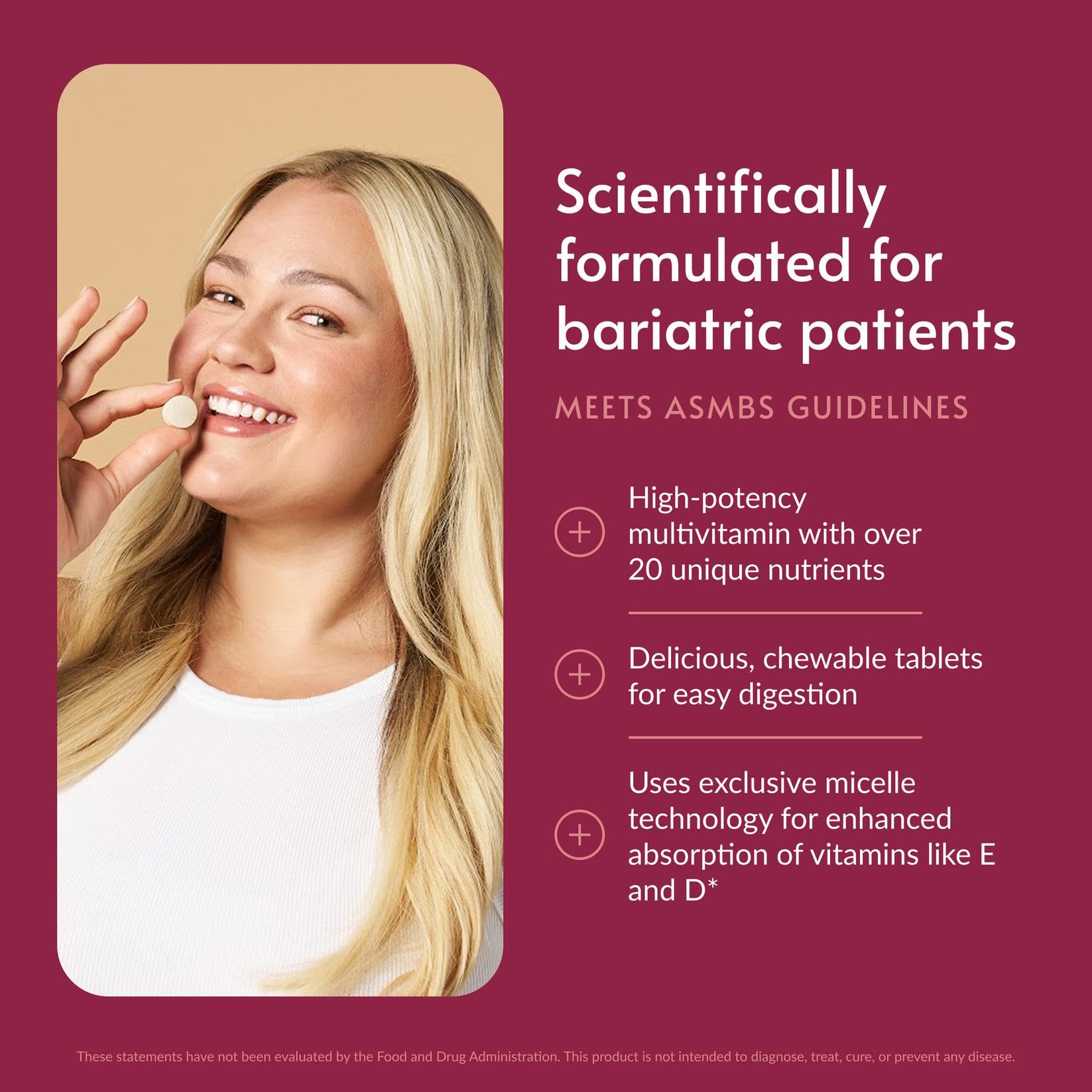 Bariatric Advantage Chewable Multi EA tablets closeup emphasizes iron and folic acid support
