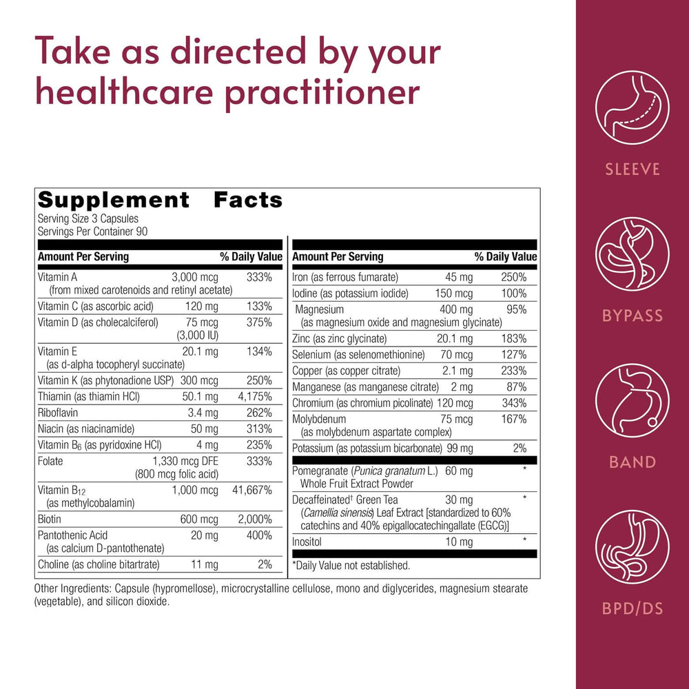 Bariatric Advantage Ultra Multi with Iron bottle label emphasizing nutrient range.