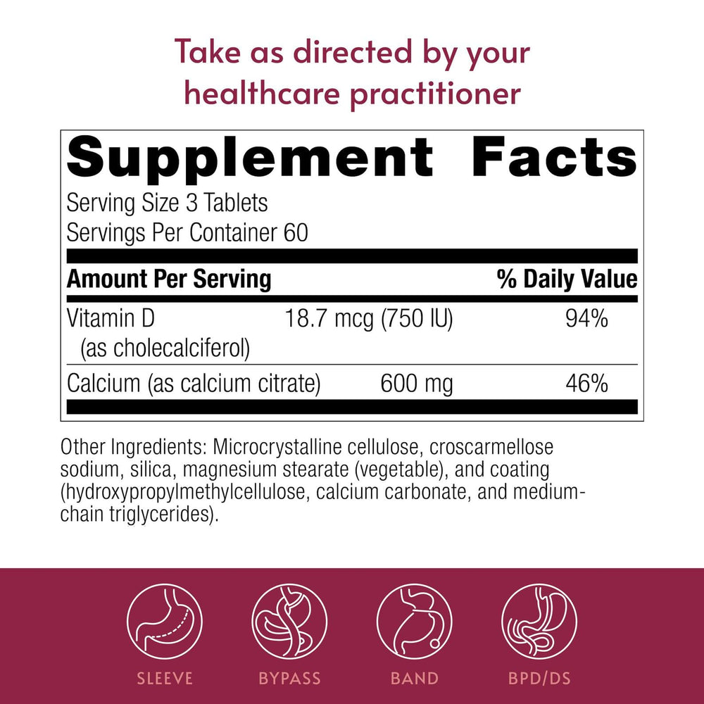 Bariatric Advantage calcium citrate with vitamin D3 for absorption support.