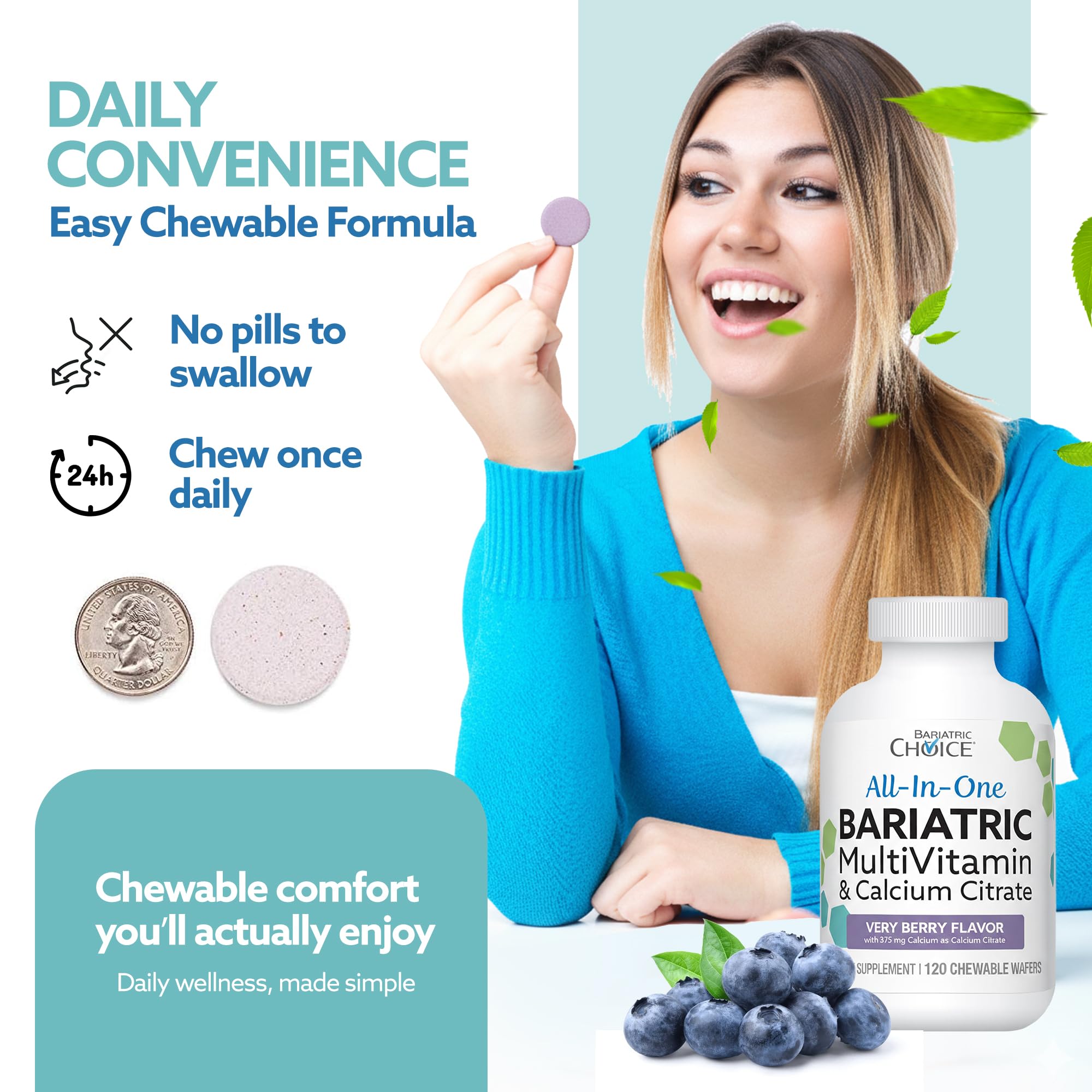 Bariatric Choice daily dosage image highlighting 1500mg calcium citrate per four wafers.