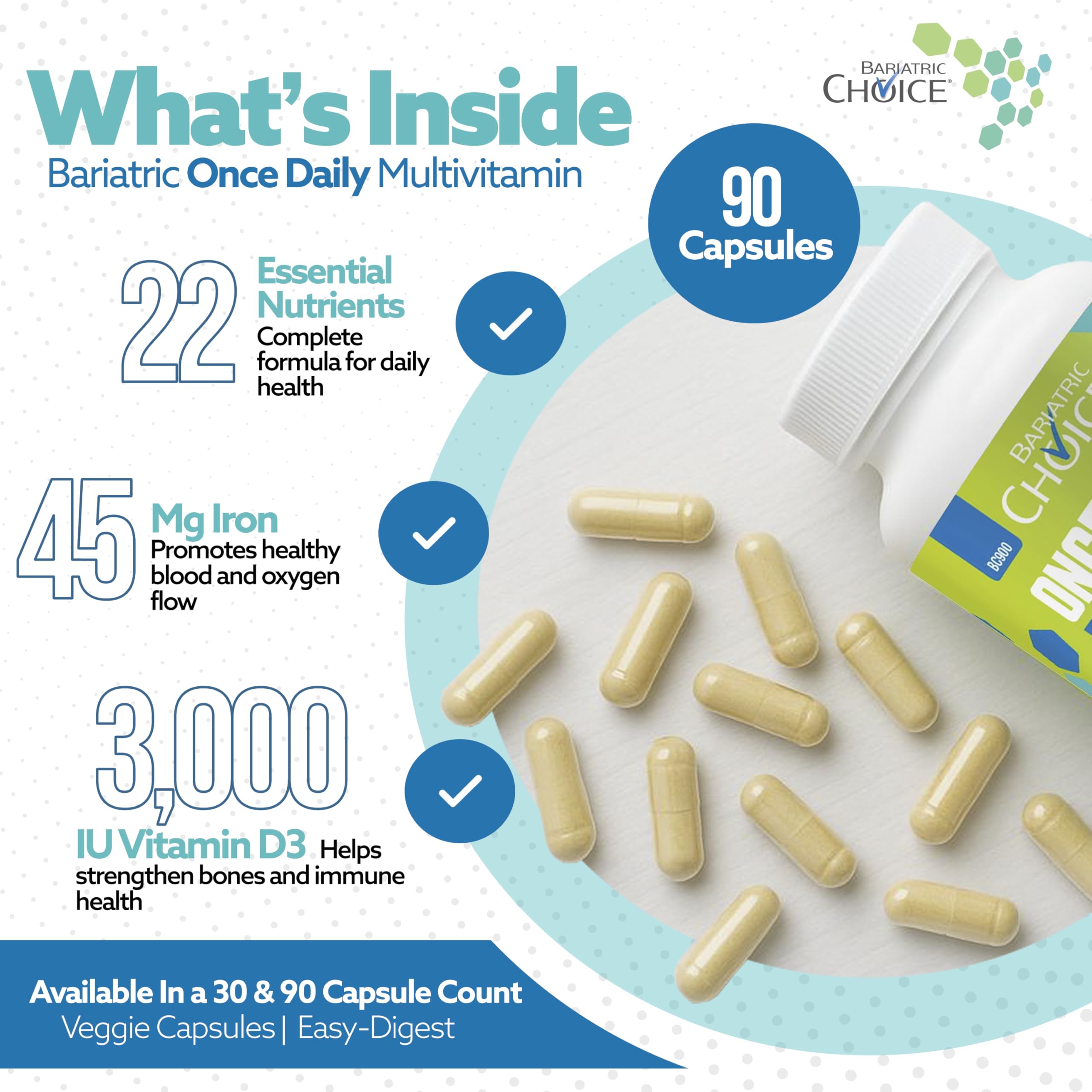 Bariatric Choice fast-dissolving veggie capsule offers easy digestion.