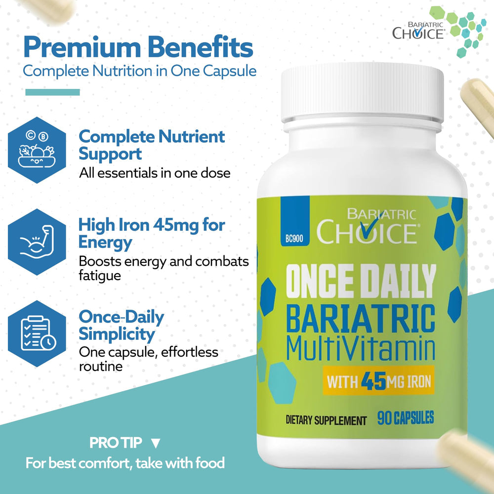 Bariatric Choice 45mg iron capsule provides essential iron support after surgery.