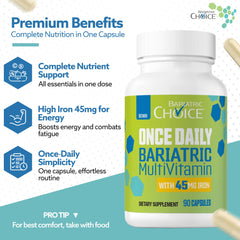 Bariatric Choice 45mg iron capsule provides essential iron support after surgery.