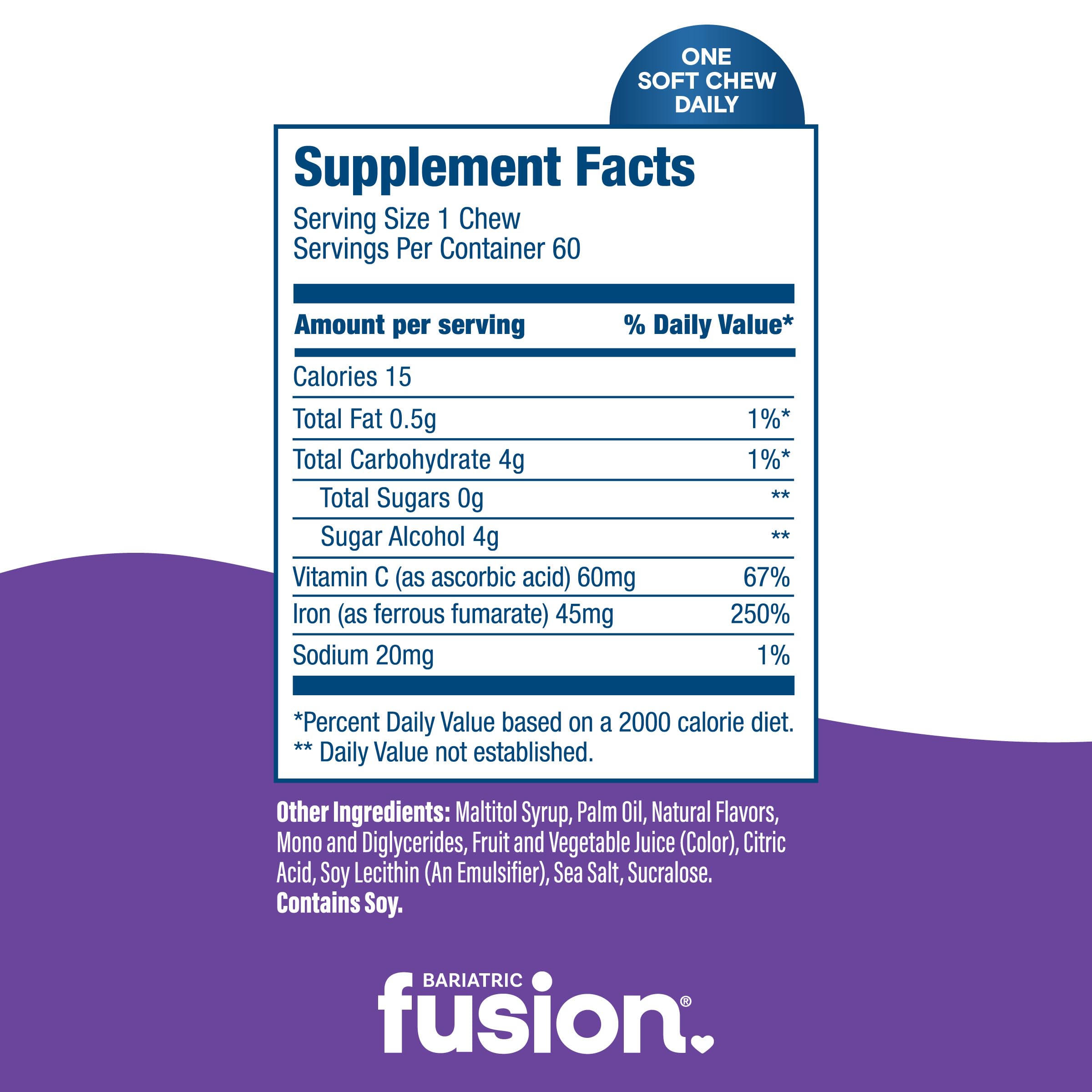 Bariatric Fusion label highlights 45mg ferrous fumarate and gluten-free formula.