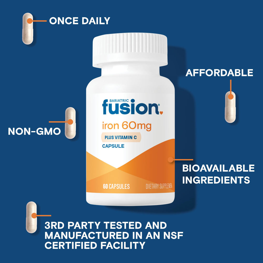 Bariatric Fusion 60mg iron label packaging emphasizes allergen-free formula.