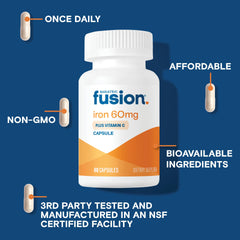Bariatric Fusion 60mg iron label packaging emphasizes allergen-free formula.